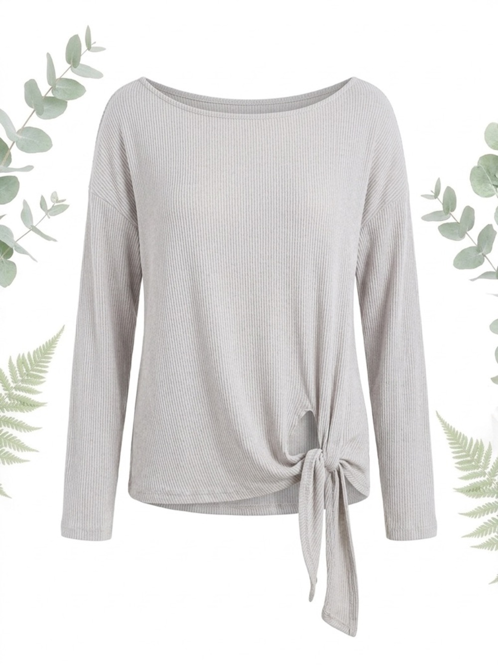 Harlowe & Graham Ribbed Tie-Front Long Sleeve Top - Beige Large
